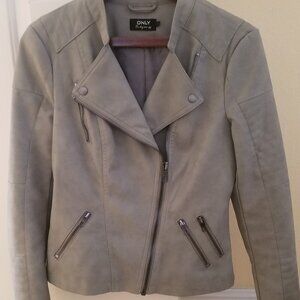 Only Brand Women Gray/Olive Faux Leather Biker Jacket Size 34 (EU) or 4 (US)